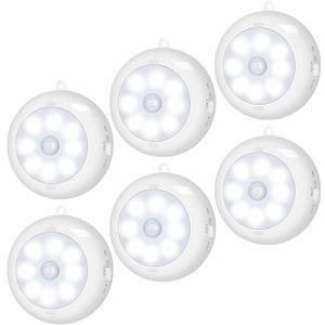 BLS Motion Sensor Light Indoor, Wireless LED Night Light, Under Cabinet Lighting, Battery Powered Puck Lights for Closet, Kitchen, Stairs, Wall, AA Battery Operated, Stick on, Dimmable, White, 6 Pack