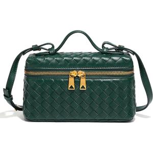 Trendy Woven Crossbody Purse Square Box Bags Women Shoulder Bag Cute Satchels Mini PU Leather Top-Handle Tote Handbag, Dark Green