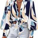 BTFBM Summer Blouses for Women Dressy Casual 2026 Long Sleeve Button Down Shirt V Neck Boho Spring Tops Fashion Clothing (Blue, S)