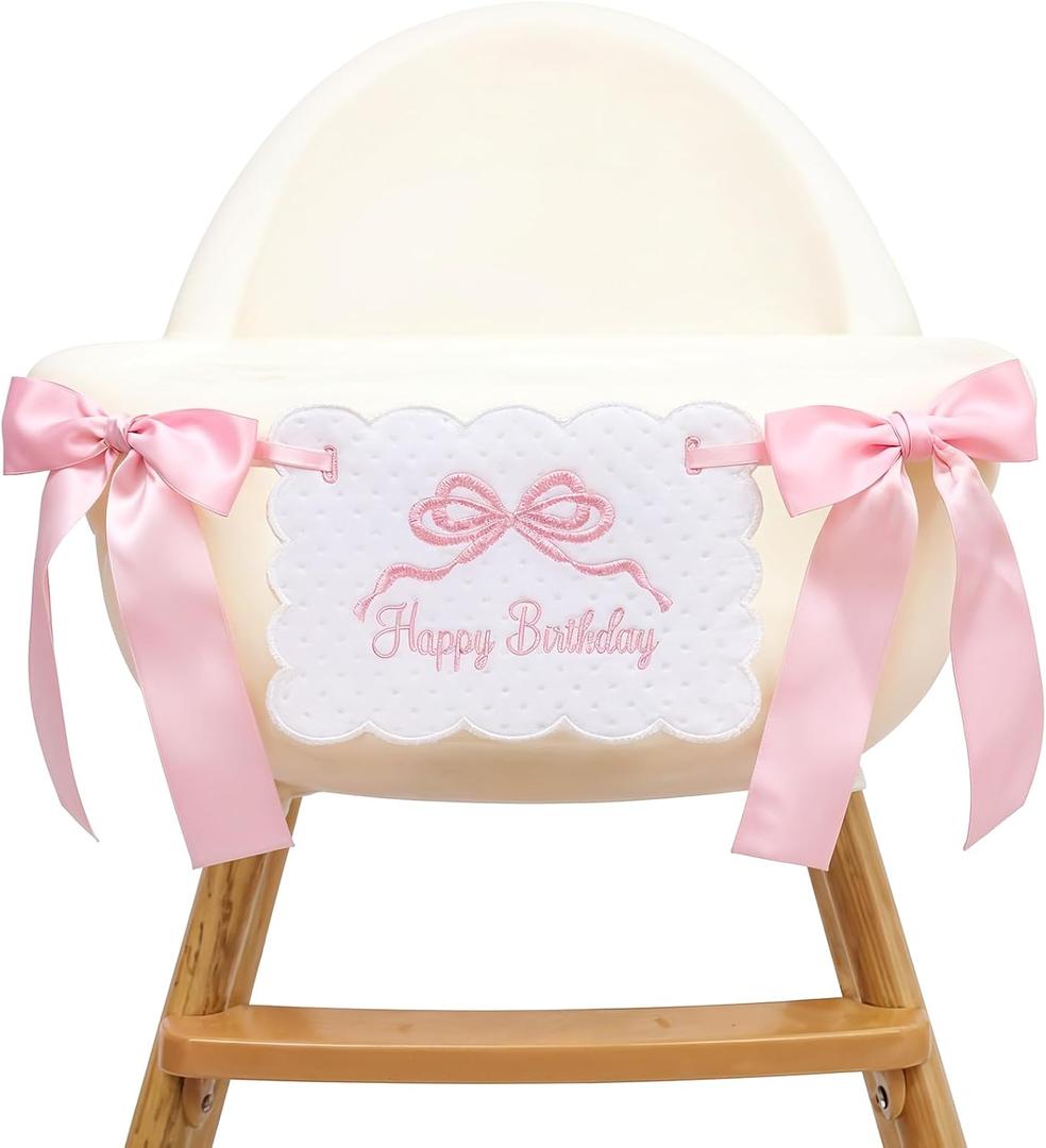 Pink Bow High Chair Banner, Happy Birthday Decorations for Girls, Bow Floral Garland for Party Decor Photo Props