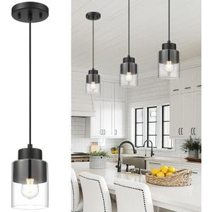 Black Pendant Lights Kitchen Island, Dual Shade Hanging Lights Fixtures with Metal and Clear Glass, Modern Kitchen Pendant Lighting Over Island for Dining Room, AD-24022-1P-BK