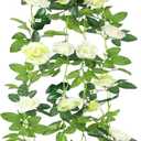 2 Pcs Artificial Rose Flower Garland Outdoor White 15.8ft Fake Vines Silk Flowers Hanging Rose Ivy Vines for Bedroom Wedding Arch Decor Flower Garland for Backdrop Wall Party Garden Centerpiece