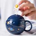 Kawaii Astronaut Cup Space Embossed Planet Mug, Cute Ceramic Coffee Mug, Novelty Mug with Lid and Spoon for Coffee, Tea, Milk, Aesthetic Room Decor Funny Gift for Girl Boy Women (Dark blue)