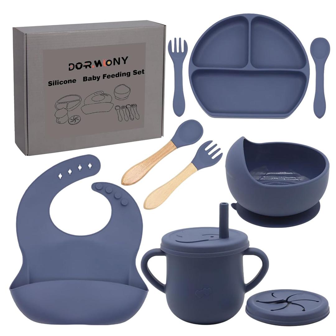100% Silicone Baby Feeding Set, BPA Free Baby Dishes with Suction Bowl, Divided Plate, Toddler Self Feeding Dish Set with Spoons, Forks, Sippy Cup and Bib, Baby Eating Utensils (Navy Blue)