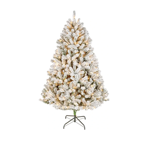 6 ft Pre-Lit Flocked Acacia Artificial Christmas Tree, 300 Clear Lights, 840 Branch Tips, Includes Stand, Green