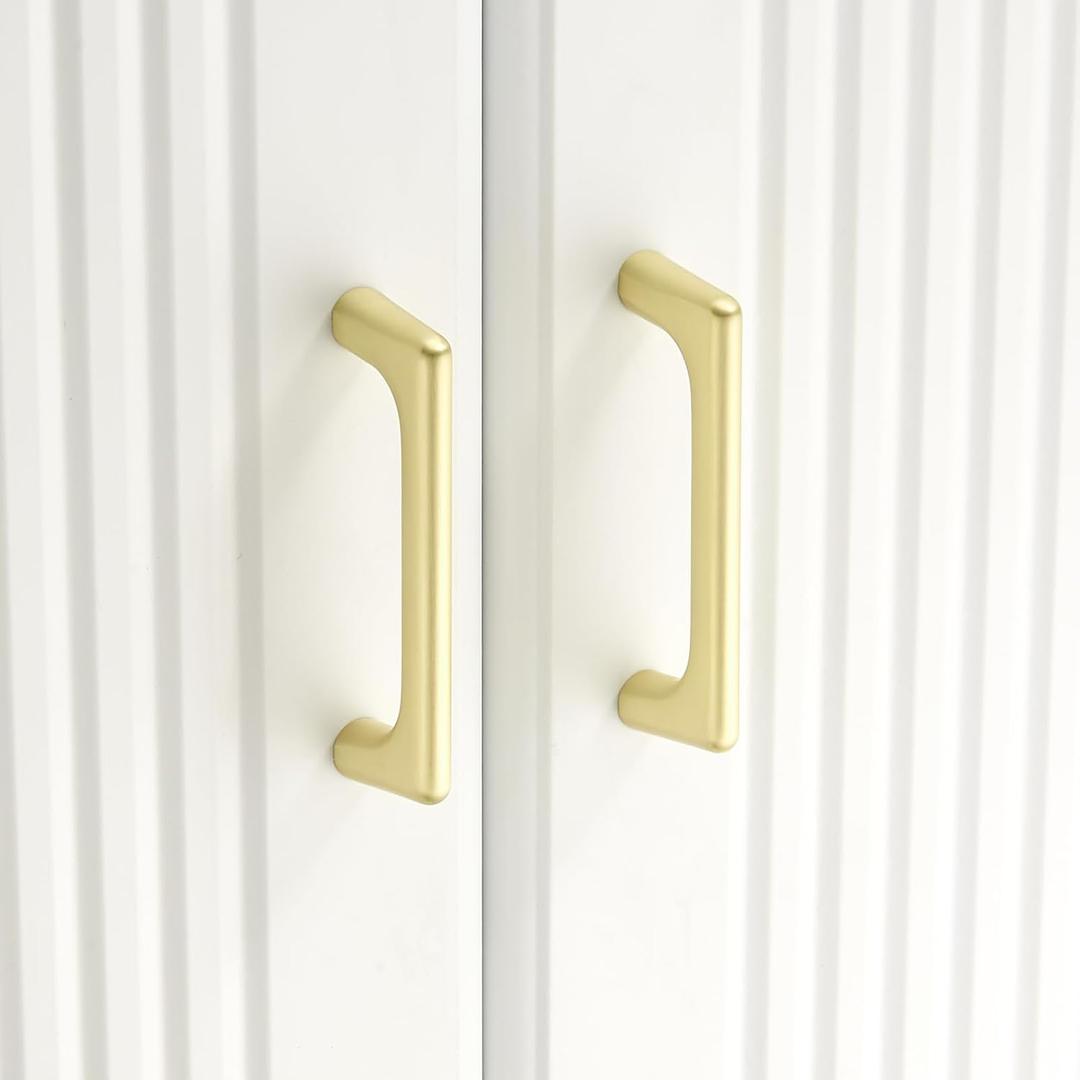 Lardmon 3 Pack Brushed Gold Modern Cabinet Pulls 3 Inch(76mm) Hole Center Timeless Drawer Pulls Vanity Pulls Classic Solid Kitchen Cabinet Handles Hardware for Dresser, 3.4 Inch(86mm) Total Length