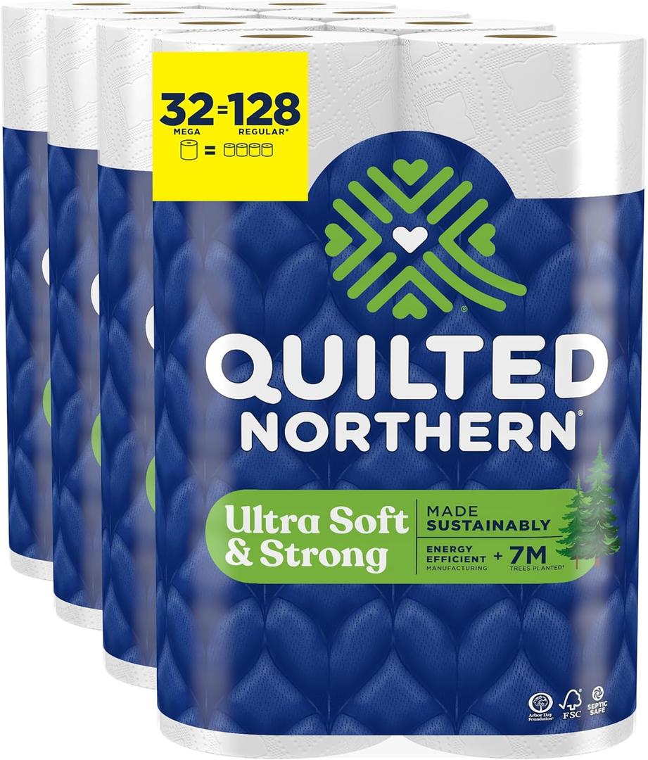 Quilted Northern Ultra Soft & Strong Toilet Paper, 32 Mega Rolls = 128 Regular Rolls, 5X Stronger*, Premium Soft Toilet Tissue with Recyclable Paper Packaging