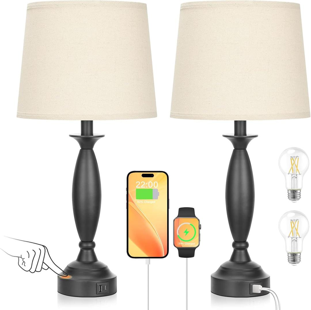 Beige Lamps for Bedrooms Set of 2 - Touch Control Bedside Lamp with USB C+A, 3 Way Dimmable Nightstand Lamps with USB Port, Table Lamp for Living Room(Beige Shade and Black Base)