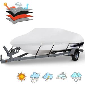 Heavy Duty 1200D PU Waterproof Boat Cover, 20'- 22' Trailerable Marine Grade Polyester Canvas, Fits 20-22ft V-Hull, Runabout, Fishing Boat, Tri-Hull, Pro-Style Bass Boat with Tightening Strap (20'-22' Long (Beam Width Up to 100"), Gray)