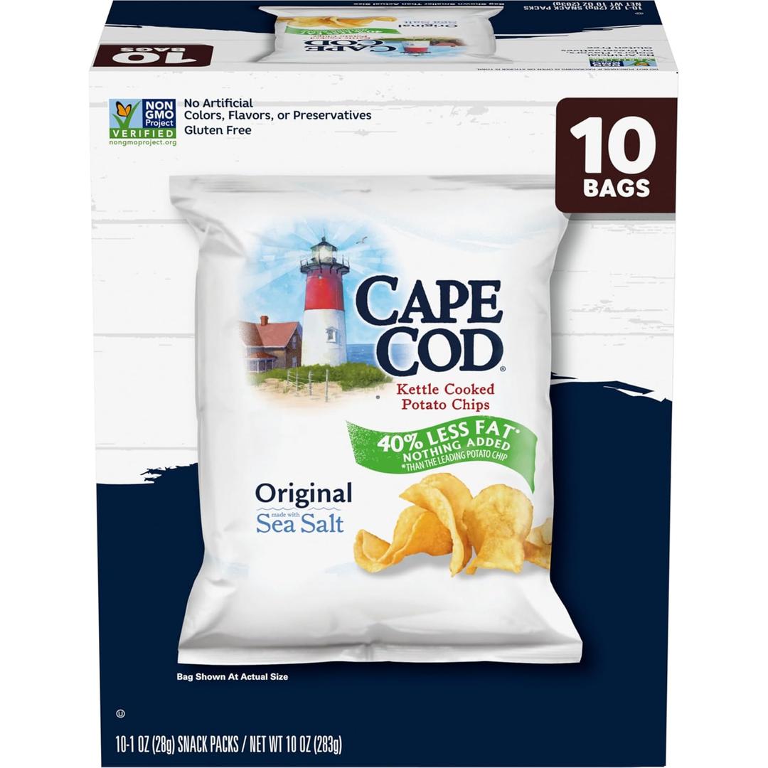 Cape Cod Potato Chips, Less Fat Original Kettle Chips, 1 Oz Snack Bags, 10 Ct (EXP 07/25/26)