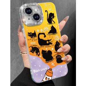3 x Toycamp for iPhone 14 Plus Case - Aesthetic Cute Paint Black Cats 14 Plus Phone Case with Diamond Bling Lens Protector Laser Glitter Holographic Y2K i Phone 14 Plus Cover for Women Girls