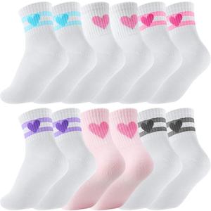 Shihanee 6 Pairs Socks for Girls Kids Pink Crew Athletic Socks with Stripes Heart 4-12 Years Old Cotton Back to School Gift