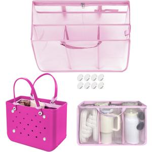 XYFuuee Beach Bag Organizer Inserts for Original Large Bogg Bag Accessories with 8 Removable Metal Fasteners, Lightweight Mesh Insert Divider Pouch, Organizing Rubber Tote, Save Space, Pink XL