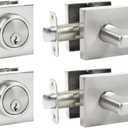 Deadbolt Lock and Door Knob Set, Exterior Door Lock Set with Deadbolt, Square Dead Bolt Locks For Exterior Doors, Heavy Duty Entry Door Lever with Single Cylinder Deadbolt, (Satin Nickel 2Pack)