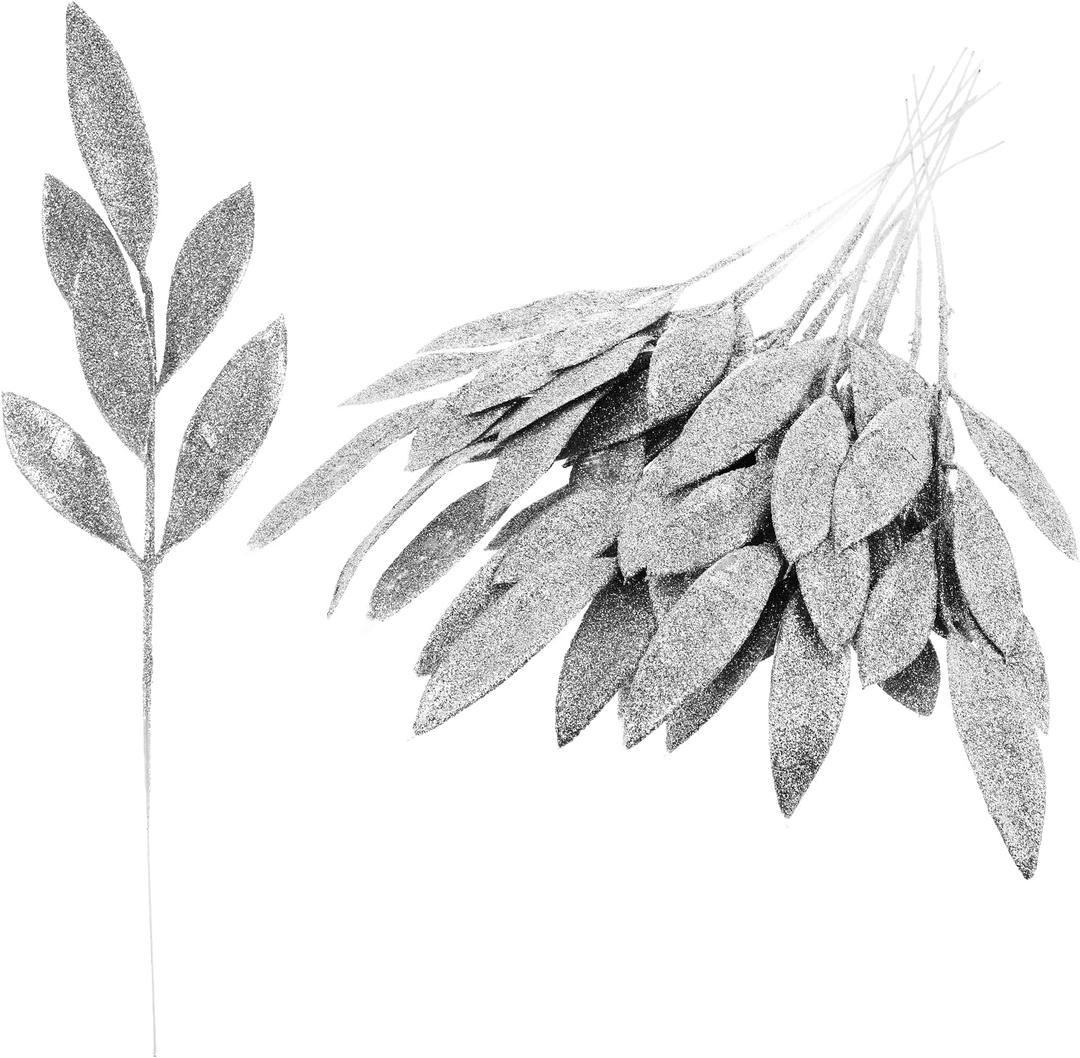 12 Pieces Artificial Silver Glitter Leaf Spray Picks, 13.4 Inch Fake Floral Leaf Branches for Winter Christmas Tree, DIY Wreath, Vase Fillers, Wedding Table Centerpieces Decorations