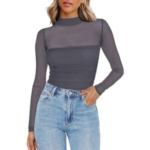 Zeagoo Women's Sexy Mock Turtle Neck Long Sleeve Tops Sheer Mesh Ruched Trendy Going Out Shirts Blouse (XX-Large, Grey)