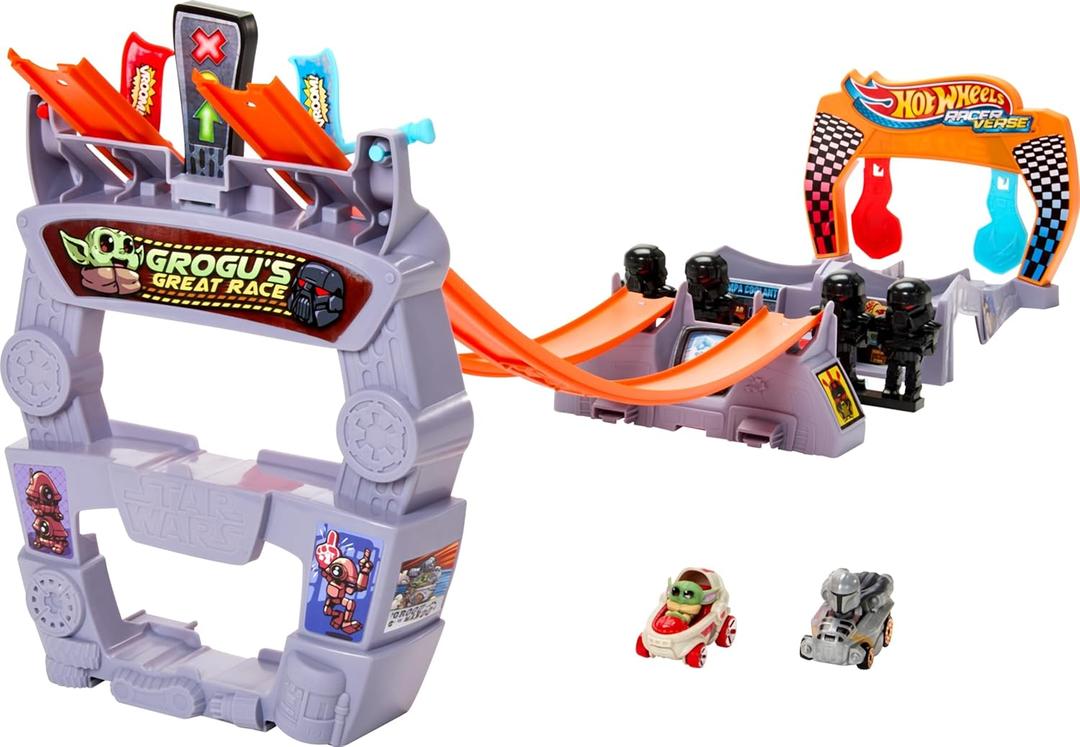 Hot Wheels Star Wars RacerVerse Toy Car Track Set & 2 Die-Cast Racers, Grogu's Great Race, U44Inspired by Star Wars, with Grogu and The Mandalorian