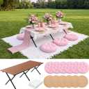 Sintuff Boho Picnic Kit for 6, Portable Folding Low Picnic Table 58.26'' x 23.03'' with Pink Table Runner, Picnic‘s Blanket, 6 Floor Pillows, Tablecloth & Placemats for Baby Shower Camp Wedding Party