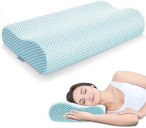 Anvo Memory Foam Pillow, Neck Contour Cervical Orthopedic Bed Pillow for Sleeping Side Back Stomach Sleeper, Ergonomic Design for Neck and Shoulder Pain Relief, Blue White, Firm