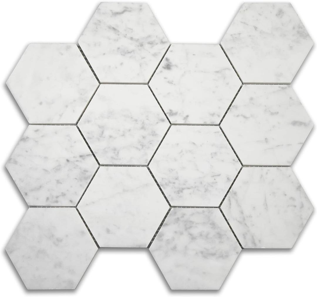 Italian White Carrara Marble 4 Inch Hexagon Mosaic Tile Matte for Kitchen Backsplash Bathroom Wall & Floor Tile 5 Sheets/Box