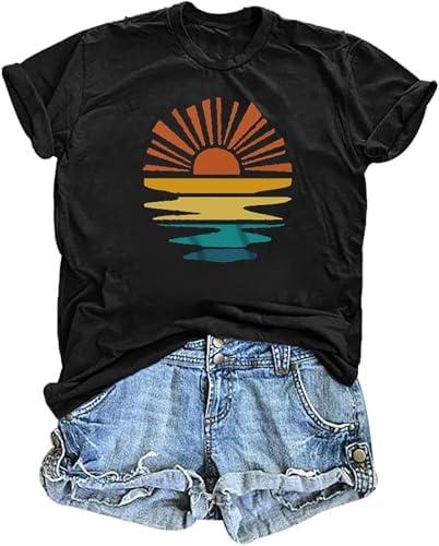 T Shirts for Women Graphic Tees Vintage Printed Short Sleeve Shirt Crewneck Loose Fitting Tops Casual Basic Cute Blouses, L