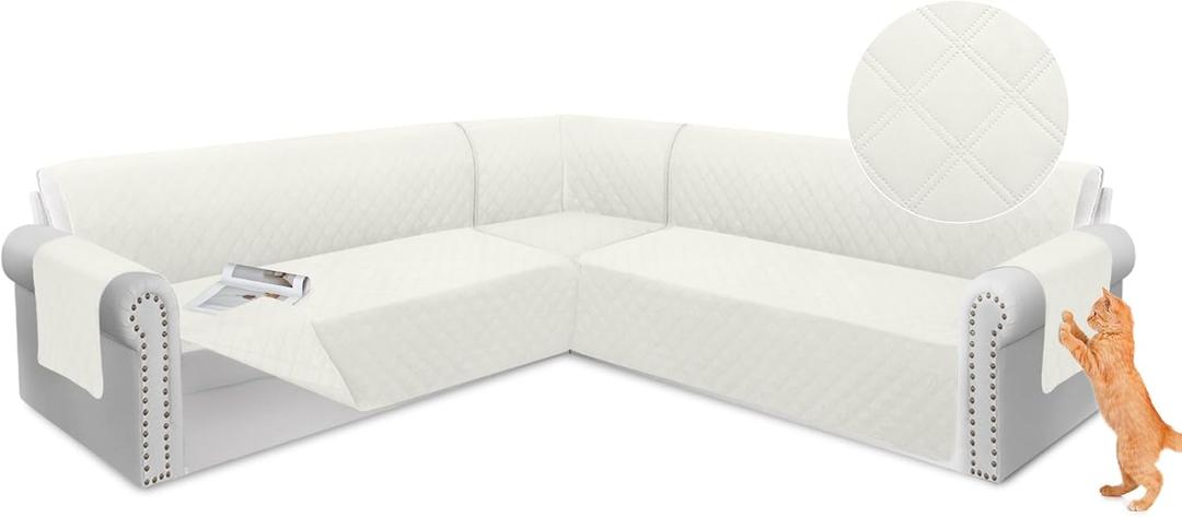 Arfntevss Sectional Sofa Cover Corner Sectional Couch Cover L Shaped Reversible Washable Sofa Slipcover for Dog Quilted U Shape Couch Cover 4 Pcs Non Slip Furniture Protector (Creamy White, Large)