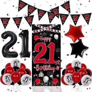21th Birthday Decorations for Him Her, Red Black Happy 21st Birthday Decorations for Men Women, Boys 21st Bday Door Banner, Triangle Flag, Large 21 Balloons Decor for 21 Year Old Party