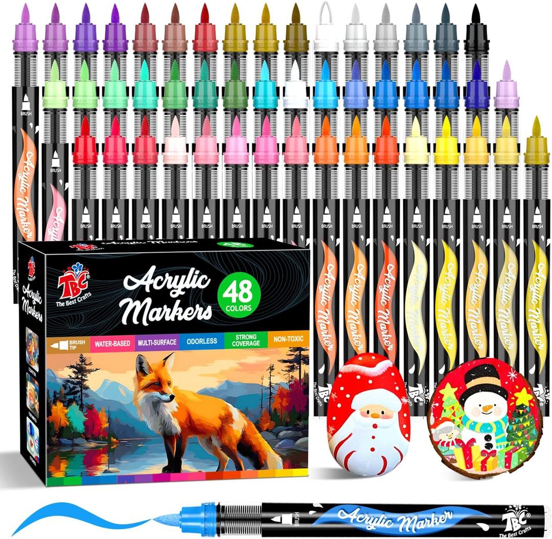 TBC The Best Crafts Acrylic Paint Markers, 48 Colors Water-Based Paint Pens for Art and Craft Projects, Multi-Surface Use on Fabric, Glass, Wood, Stone, Metal, Ceramic, Canvas, Rock