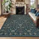 8x10 Area Rugs for Living Room, Floral Vintage Washable Rugs, Soft Boho Non-Slip Low Pile Carpets, Large Area Rug for Dining Room Bedroom Farmhouse Home Indoor Nursery, Dark Blue