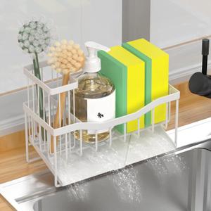 Maifan Sink Caddy Sponge Holder for Kitchen with Brush Holder and Stainless Steel Self Drain Tray, Rustproof Kitchen Sink Organizer for Sponge, Soap Dispenser Storage Accessories (White)