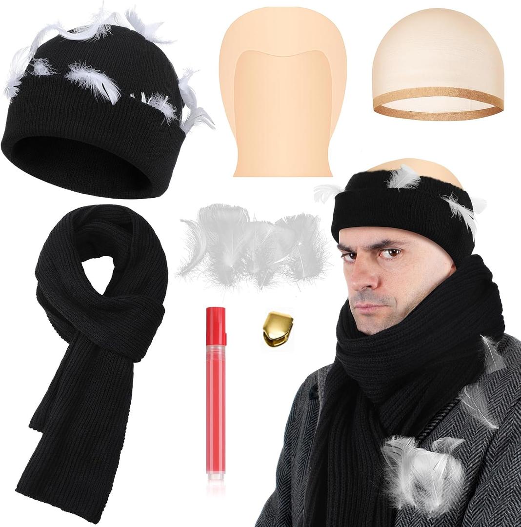 Mepase 6 Pcs Christmas Funny Movie Costume Include Beanie Hat Scarf Skin Headgear Gold Fake Teeth with White Feathers Bulk for Christmas Holiday Halloween Cosplay Party