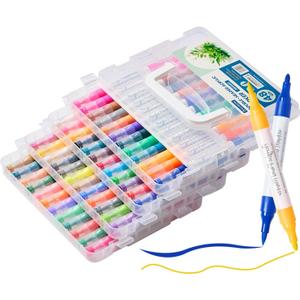 Dual Tip Acrylic Markers : 48-Color Brush & Fine Point Paint Pens - Water Based Markers Set with Portable Case for School Classroom Scrapbook Painting Drawing Coloring