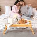 Breakfast Bed Tray for Eating - Height Adjustable Raised Food Table - Bamboo Serving Tray on Lap Sofa - Portable Snack Platter with Folding Legs Ideal for Bedroom, Picnic - Natural 2 Pack