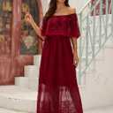 Women's Off The Shoulder Embroidered Lace Maxi Wedding Dress Boho Wedding Guest Formal Party Maternity Photoshoot Dresses (Red, XXL)