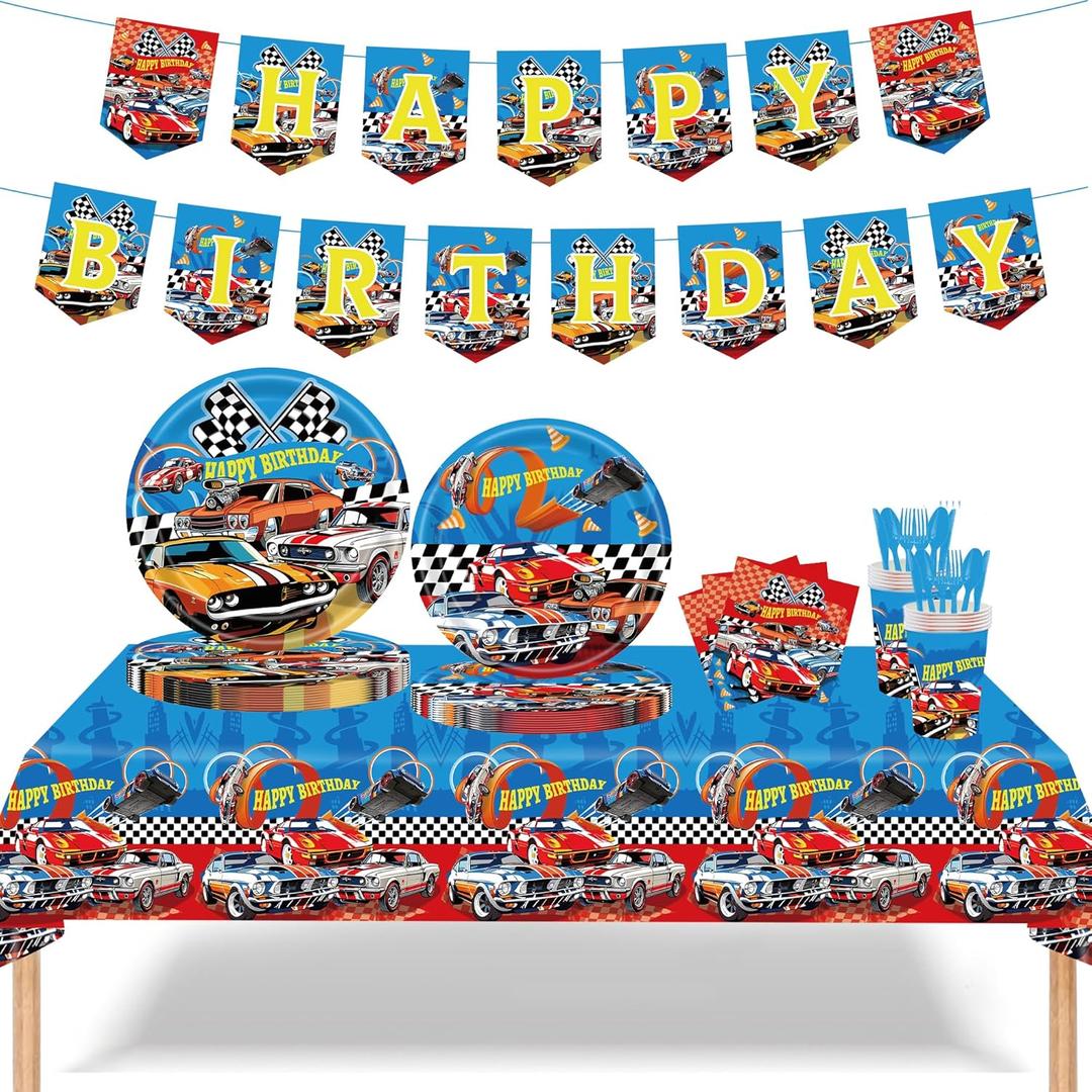 170pcs Birthday Decorations Tableware Racing Car Party Supplies Set Include Happy Birthday Banner, 9 Inches &7 Inches Plates, Napkins, Cups, Forks, Spoons, Knives and Tablecloth kit for Serve 24