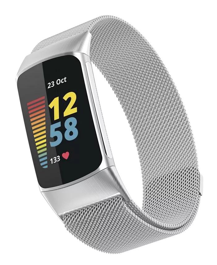 Silver-Tone Stainless Steel Mesh Band Compatible with Fitbit Charge 5 and 6
