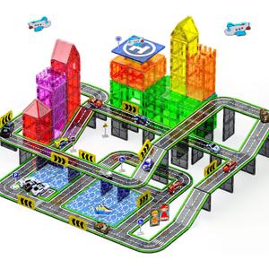 121PCS Magnetic Tiles Road Set with Pullback Cars. Magnet Tiles for Building Construction Toys with Ship, Airplane, Traffic Sign, STEM Magnetic Tiles for Kids Ages 4-8, Educational Gifts for Ages 3+