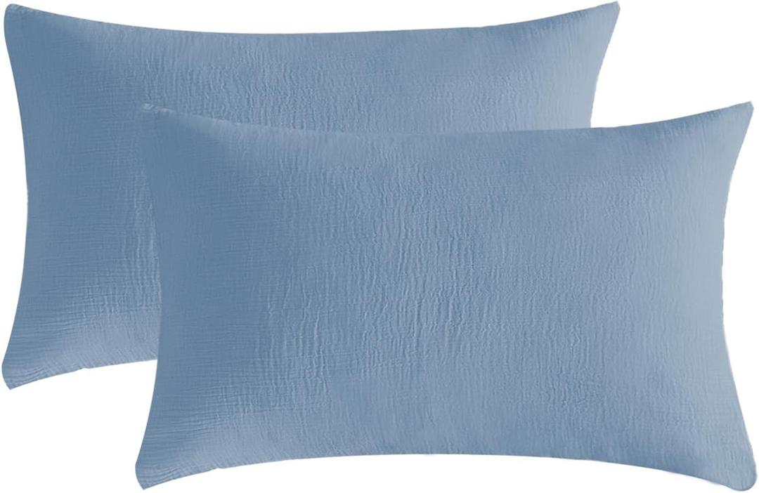 Muslin Pillowcases Standard Size 100% Cotton, 2 Pack Linen Like Pillow Shams with Envelope Closure, Ultral Soft and Breathable Pillow Case Covers, Blue, 20" X 26", No Filling
