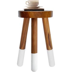 Teak Wood 9" Round Plant Stand |Dip Dyed Plant Stand |Accent Stool |Milking Stool |Bath Stool |Small Side Table (16" Tall White)