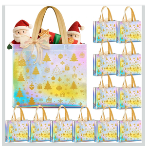 Henoyso 12 Pcs 13" Christmas Reusable Gift Bags, Large Iridescent Gift Bags with Gold Handle and Ribbon, Non-woven Christmas Holographic Tote Bulk for Xmas Presents Wrapping Party Favor Supplies