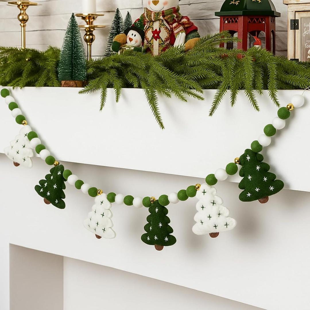 Christmas Felt Garland 3D Coquette Xmas Tree Pom Ball Banner Holiday Decorative Hanging Bunting Garland for Home Mantel Fireplace Window Wall Decor(Green White,Classic Tree)
