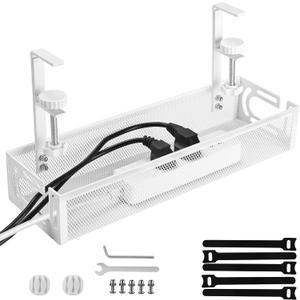 Under Desk Cable Management Tray Small  Clamp-Mounted Wire Organizer & Cord Management Under Desk Holder, No-Drill Metal Cable Tray for Home Office (White)
