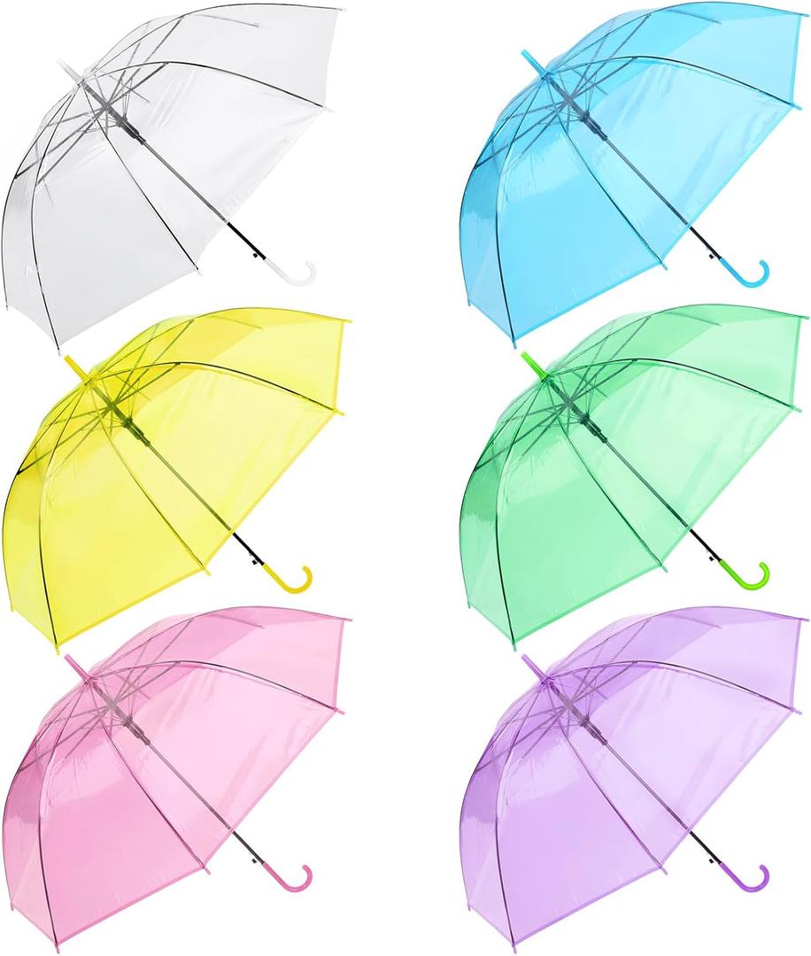 Clear Umbrella Bulk,Cute Colorful Transparent Stick Rain Umbrellas Windproof Waterproof with J Hook Handle for Wedding Guests Bride Groom Photography Daily Use Family Friend Gift (6, clear 6 colors)