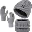 Winter Beanie Hat Scarf Gloves Set for Men Women, Slouchy Mens Winter Clothes Hats Neck Warmer Touchscreen Gloves (Light Grey)