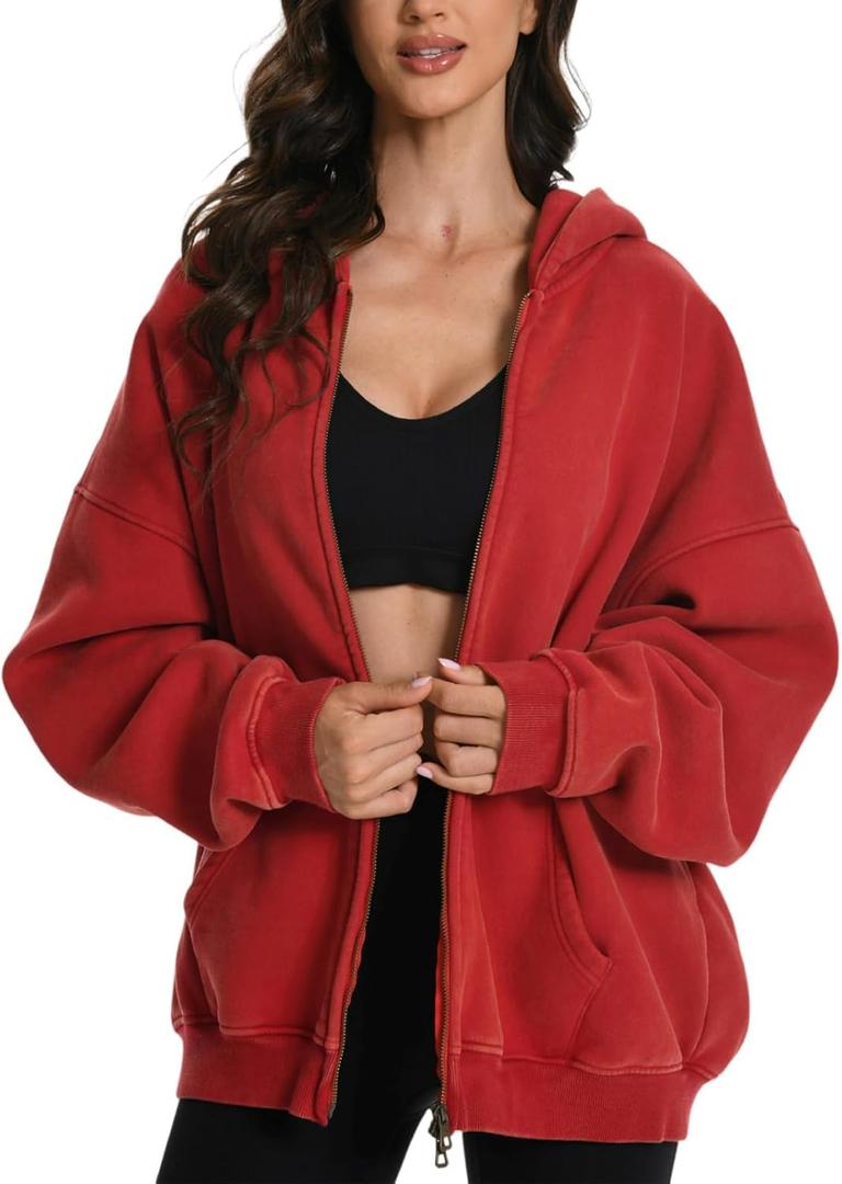 FAIABLE Womens Mens Zip Up Hoodie Oversized Acid Wash Hoodies Heavyweight Distress Cotton Fleece Zipper Sweatshirt Vintage (X-Large, Red)
