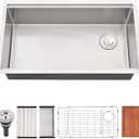 33 Inch Undermount Kitchen Sink, 33x19 Single Bowl Workstation 16 Gauge Stainless Steel Undermount Kitchen Sink with Offset Drain