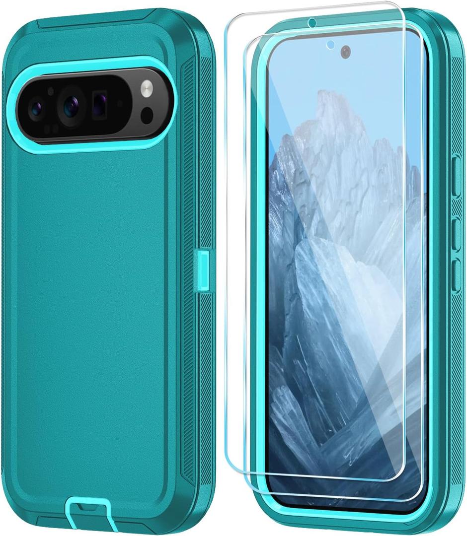 Qinmay Phone Case for Google Pixel 9/9 Pro Case with HD Screen Protector, Heavy Duty Shockproof & Dropproof 3-Layer Cover Phone Case for Pixel 9/9 Pro,LakeSkyBlue