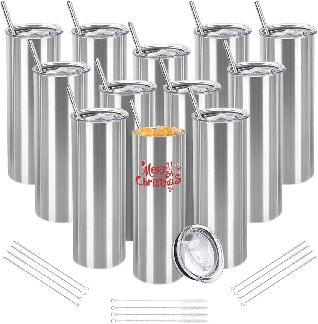 YOUKE OLA 12 Pack Stainless Steel Skinny Tumblers, 20oz Bulk Straight Double Wall Insulated Tumbler with Lid and Straw for Travel, DIY, Silver