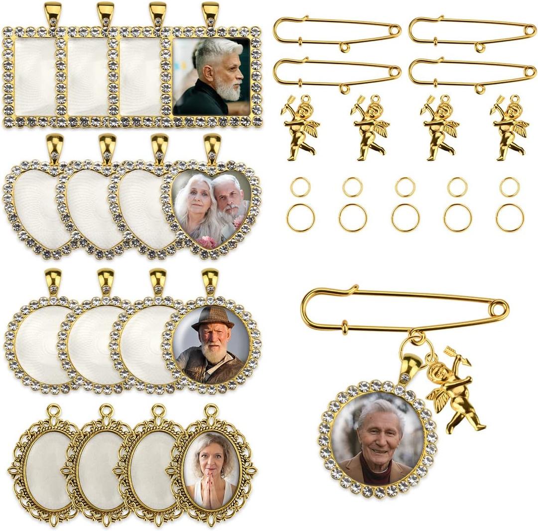 50PCS Wedding Bouquet DIY Photo Charm Rhinestone Pin Brooch Making Kit Memorial Picture Charm with Clear Glass Cabochons Cupid Pendant Jump Rings for Craft Jewelry Making