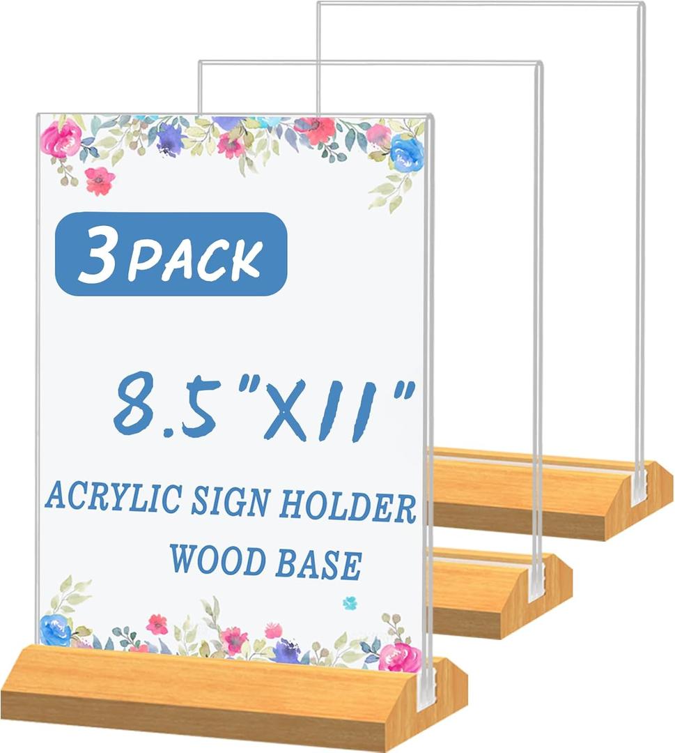 3 Pack Acrylic Sign Holder 8.5 x 11 Inch, Wood Base Signs Stand for Menu Flyer Display, Table Clear Plastic T Shape Holder for Stores, Restaurants, Hotels, Office, Farmers Market Show Fair Decor